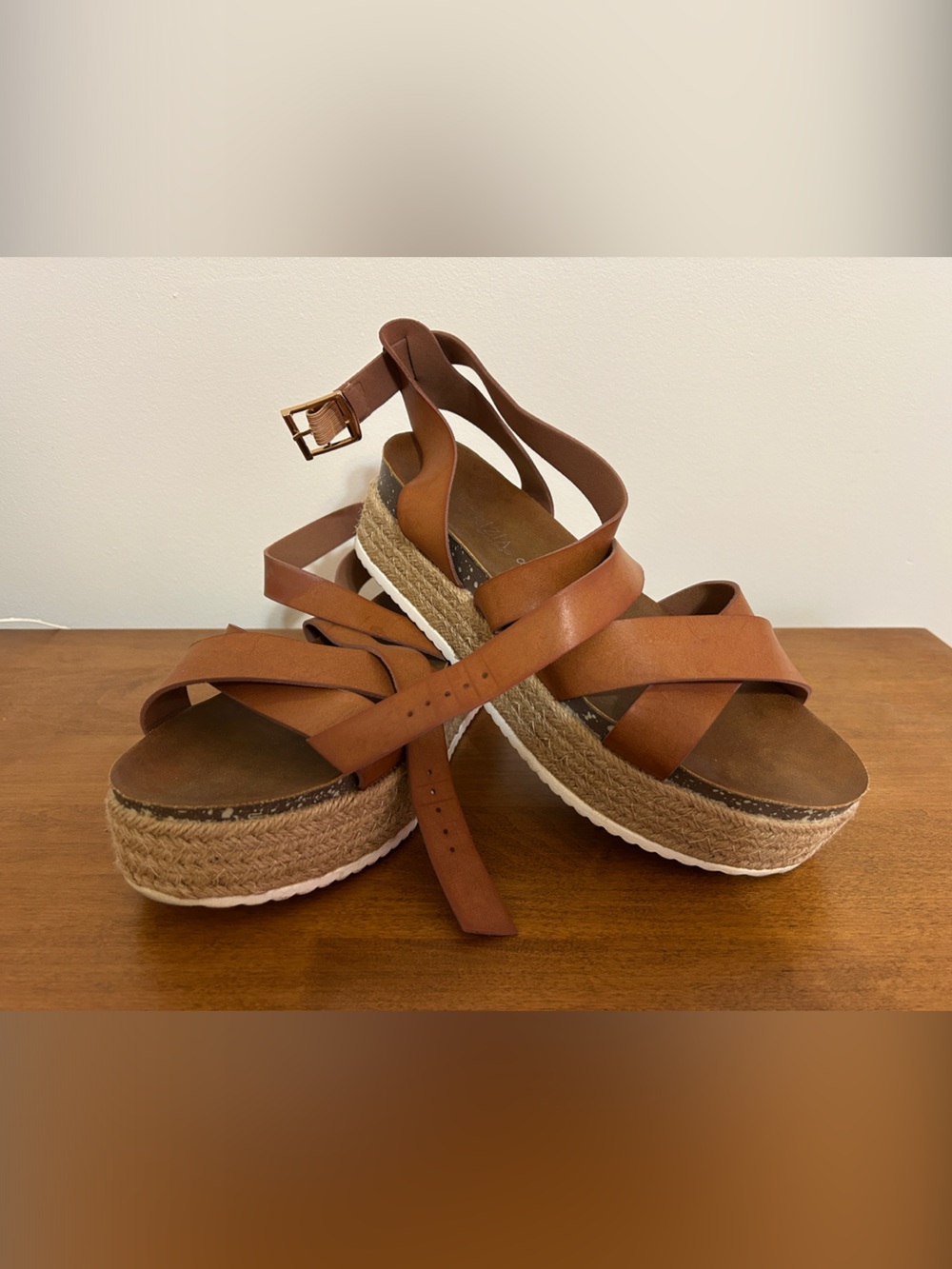 Tan Leather Espadrille Wedge Sandals with Ankle Strap